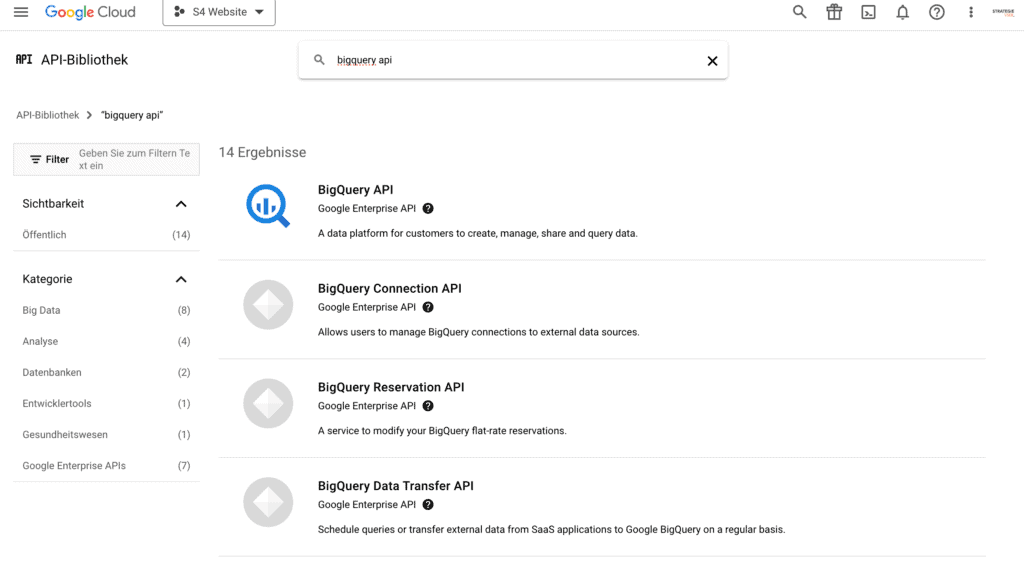 Suche nach Big Query in der API Bibliothek