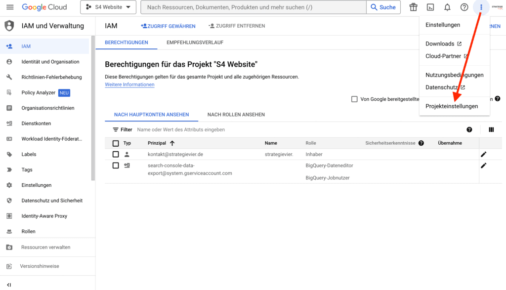 Projekteinstellungen Google Cloud