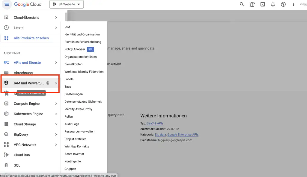 Google Cloud Menü IAM Verwaltung