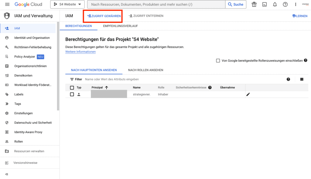 Google Cloud Zugriff gewähren