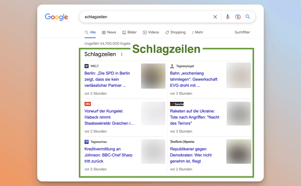 Schlagzeilen Integration in den Google Suchergebnissen