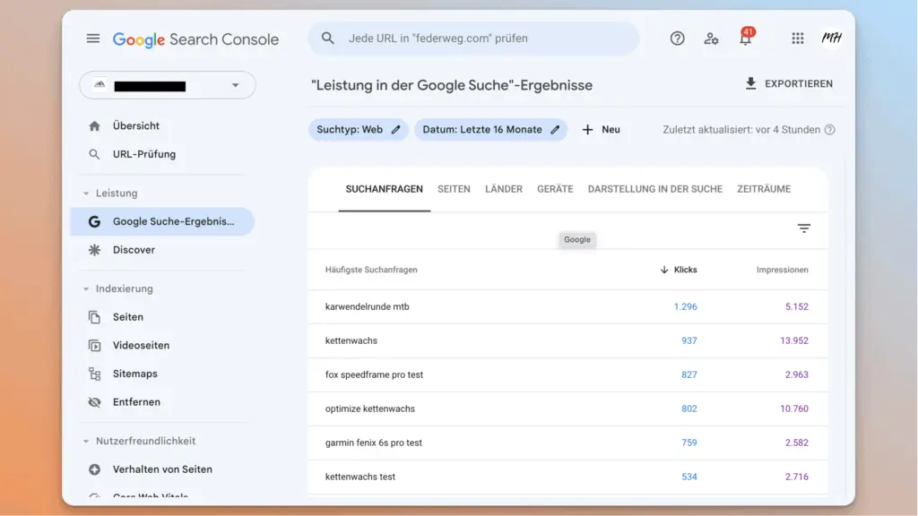 Tabelle mit Keywords in der GSC