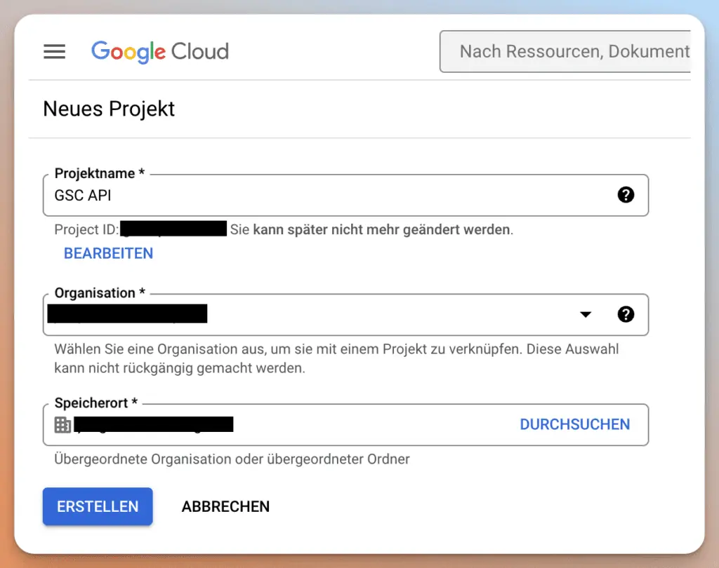Google Cloud Console Projekt anlegen 1