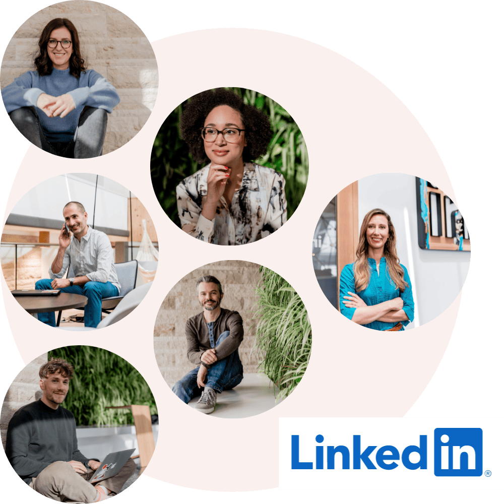 Das Bild zeigt eine Grafik mit fünf Porträts von Personen und dem LinkedIn-Logo.