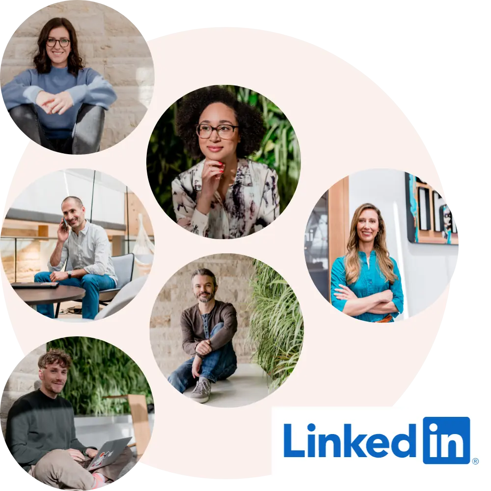 Das Bild zeigt eine Grafik mit fünf Porträts von Personen und dem LinkedIn-Logo.