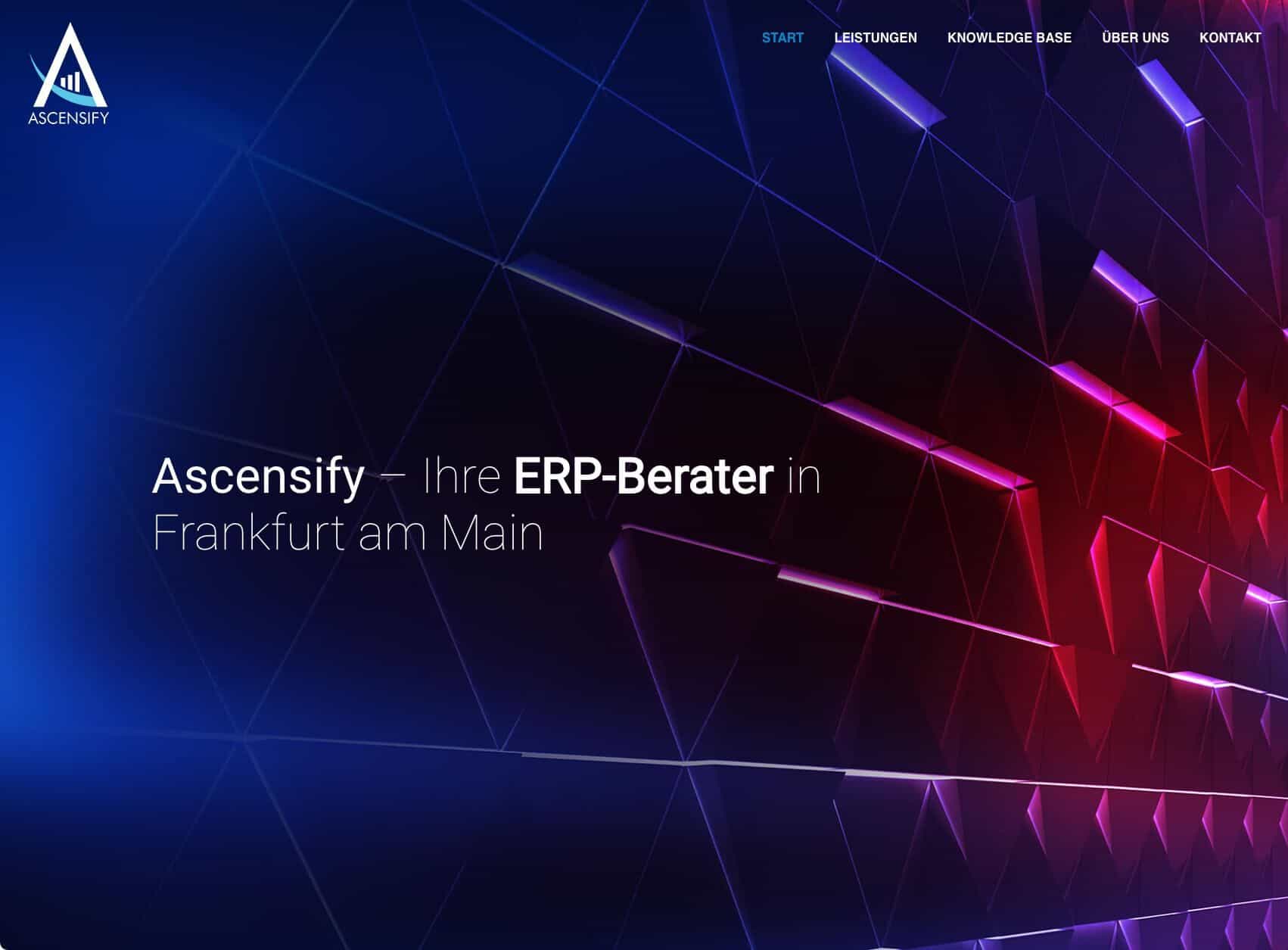 Das Bild zeigt eine grafische Darstellung mit geometrischen Formen und dem Text "Ascensify – Ihre ERP-Berater in Frankfurt am Main".
