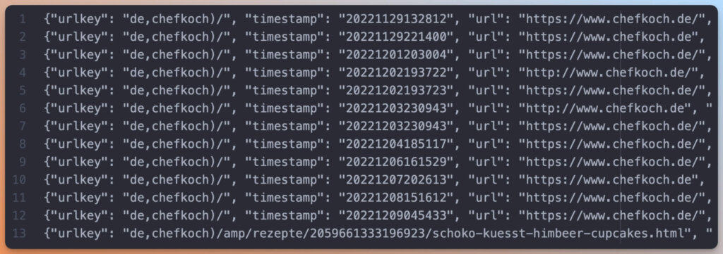 Das Bild zeigt eine Liste von JSONObjekten mit den Schlüsseln "urlKey", "timestamp" und "url", die auf Inhalte einer KochWebsite verweisen.