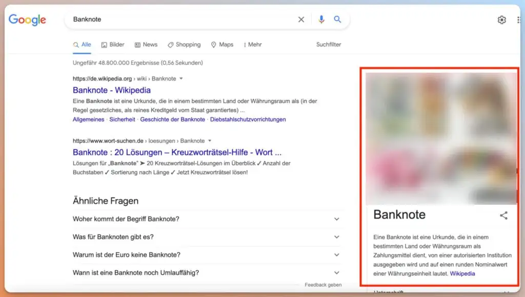 Das ist ein Screenshot einer Google-Suchergebnisseite zum Begriff "Banknote".