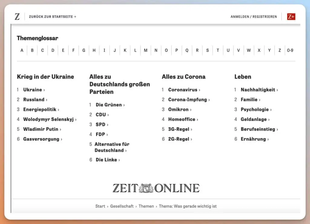 Das Bild zeigt eine HTML-Sitemap der Website zeit.de
