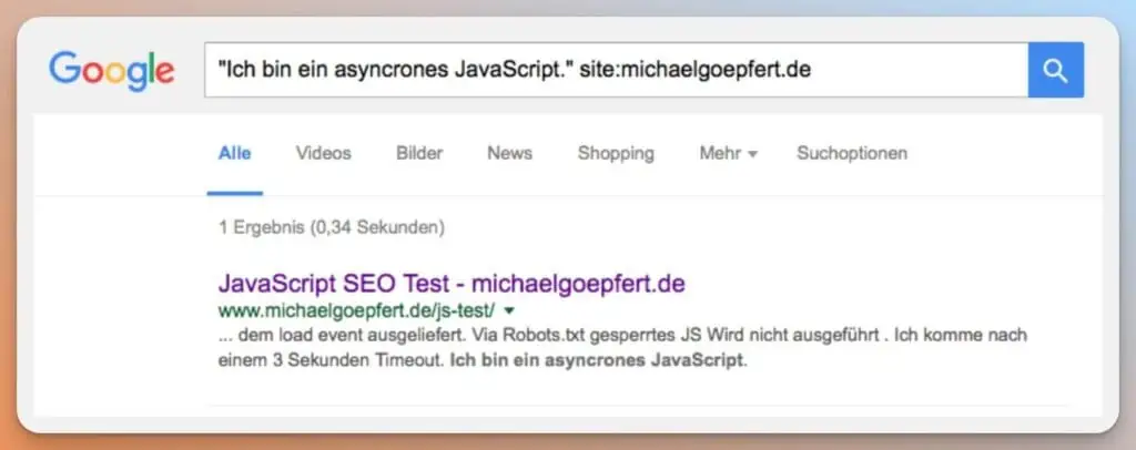 Das Bild zeigt die Ergebnisseite einer Google-Suche, bei der nach einem asynchronen JavaScript-Test von der Webseite "michaelgoepfert.de" gesucht wurde.