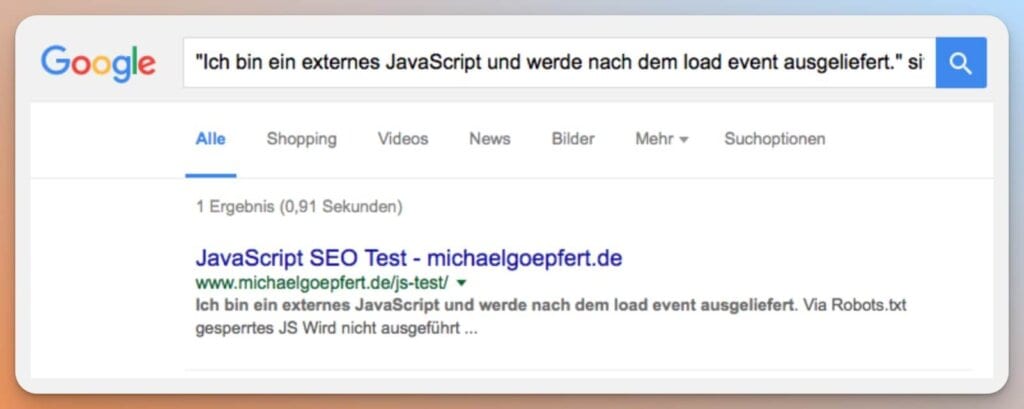 Das Bild zeigt ein Google-Suchergebnis für einen JavaScript SEO Test.