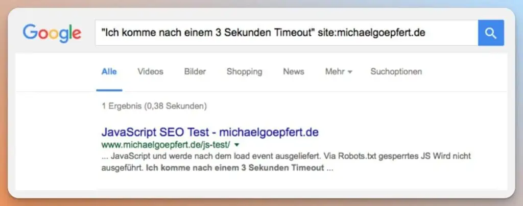 Das Bild zeigt ein Google-Suchergebnis mit einer Webseite, die für einen JavaScript SEO-Test steht.