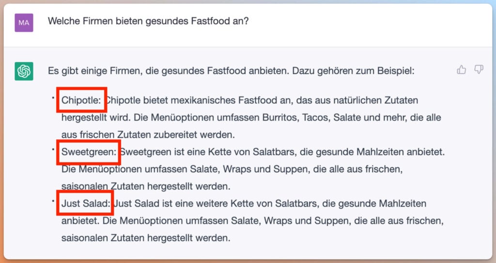 Das Bild zeigt einen Bildschirmausschnitt mit einem von ChatGPT generierten Text über verschiedene Firmen, die gesundes Fastfood anbieten.