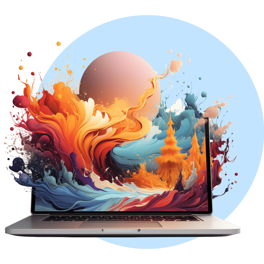 Das Bild zeigt ein Laptop mit einem abstrakten, farbenfrohen Design, das aus dem Bildschirm herauszufließen scheint.