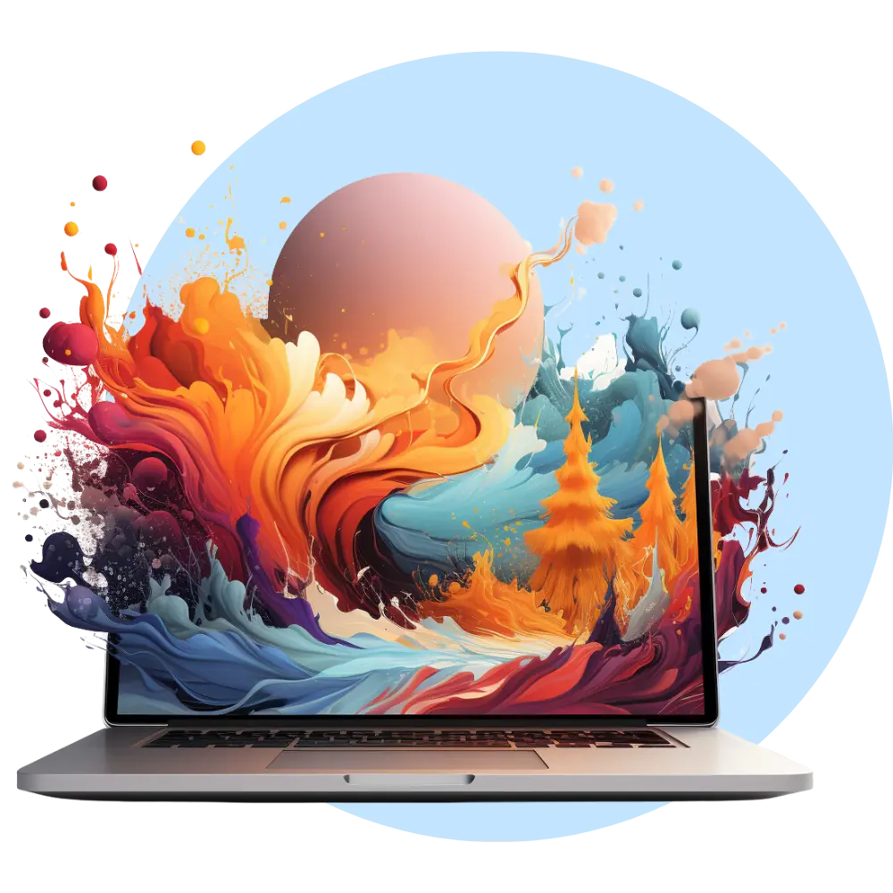 Das Bild zeigt ein Laptop mit einem abstrakten, farbenfrohen Design, das aus dem Bildschirm herauszufließen scheint.