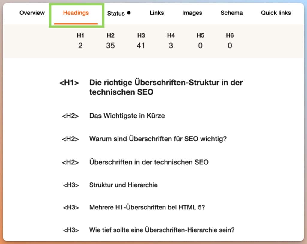 Das Bild zeigt einen Screenshot einer Benutzeroberfläche, wahrscheinlich eines SEO-Tools, das die Anzahl und Struktur von Überschriften (H1, H2, H3 usw.) auf einer Webseite darstellt.