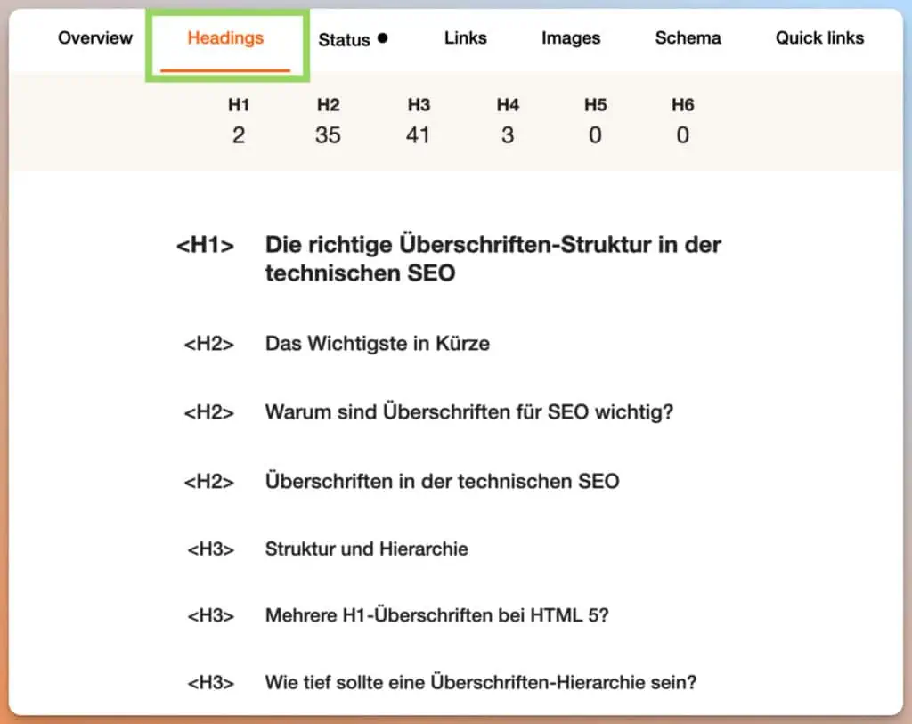 Das Bild zeigt einen Screenshot einer Benutzeroberfläche, wahrscheinlich eines SEO-Tools, das die Anzahl und Struktur von Überschriften (H1, H2, H3 usw.) auf einer Webseite darstellt.