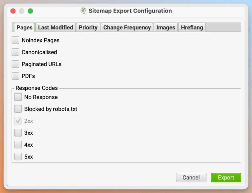 Das Bild zeigt einen Screenshot von Screaming Frog für Sitemap-Exportkonfiguration mit verschiedenen Optionen für die Ausgabe.