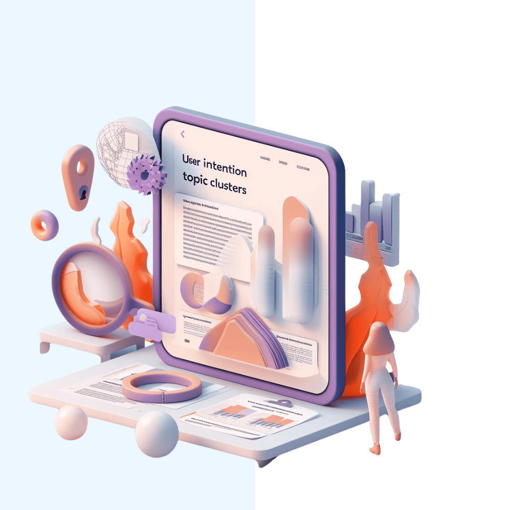 Das Bild zeigt eine stilisierte, 3D-generierte Szene mit einer Figur, die auf ein großes Tablet mit grafischen Darstellungen blickt, umgeben von abstrakten Formen und Diagrammen.