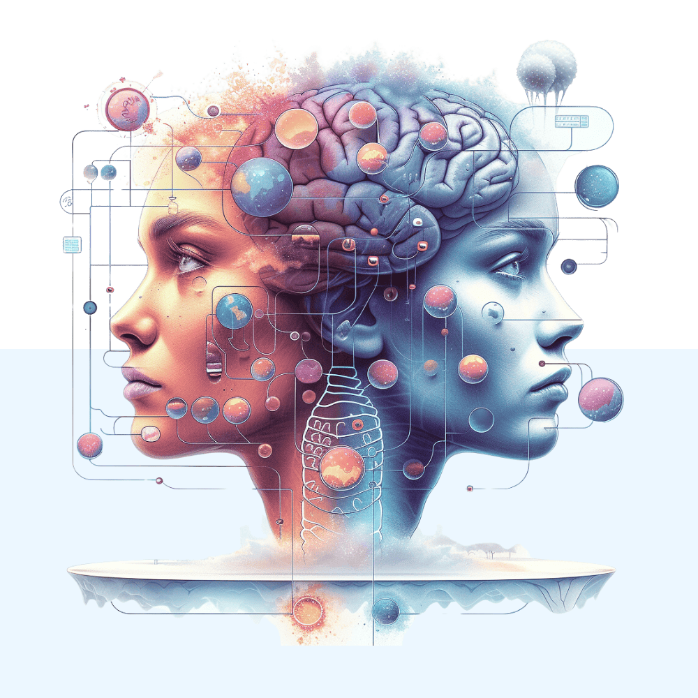Das Bild zeigt eine künstlerisch verfremdete Darstellung zweier gegenüberliegender Gesichtsprofile mit ineinander übergehenden Elementen, die an neuronale Netzwerke und abstrakte Mechanismen erinnern.