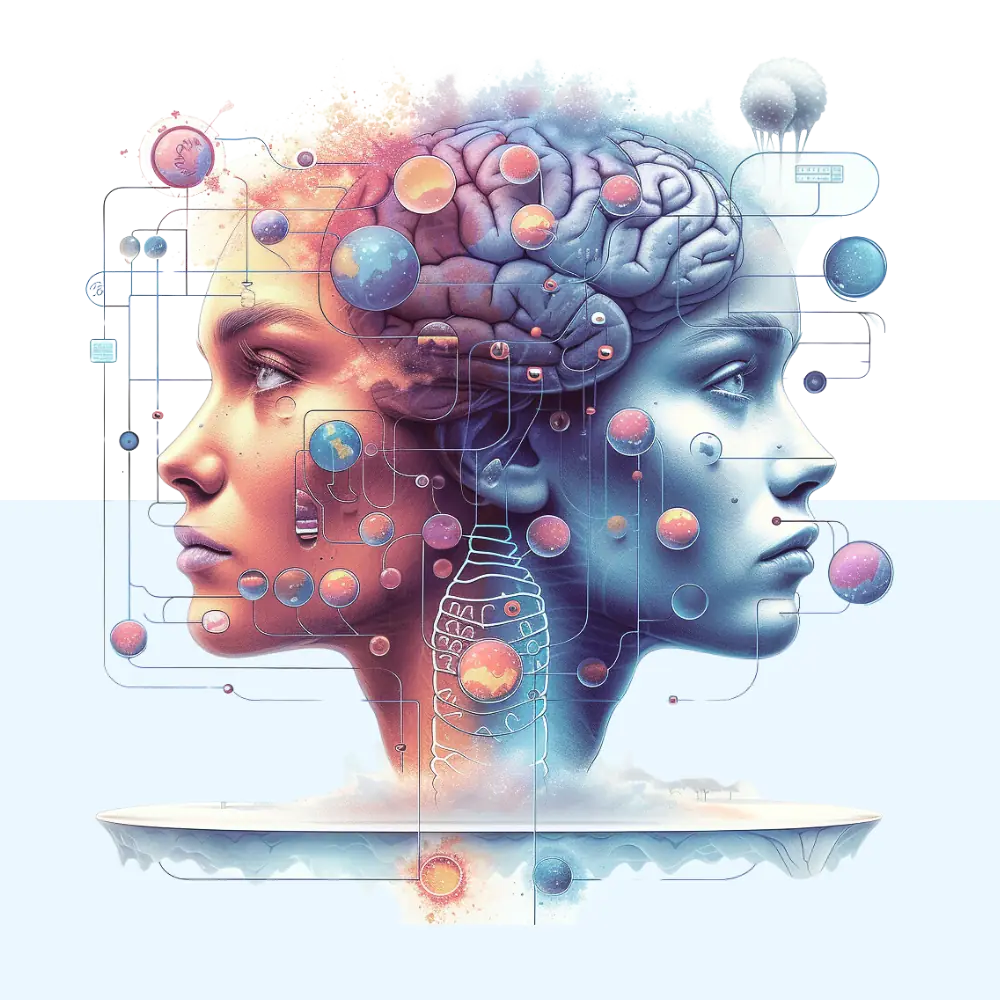 Das Bild zeigt eine künstlerisch verfremdete Darstellung zweier gegenüberliegender Gesichtsprofile mit ineinander übergehenden Elementen, die an neuronale Netzwerke und abstrakte Mechanismen erinnern.