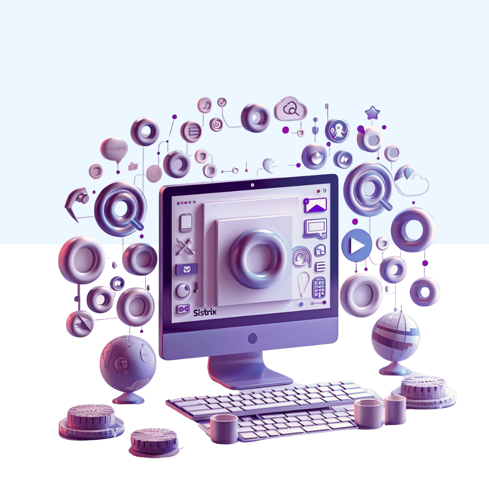 Das Bild zeigt eine abstrakte, künstlerisch gestaltete Darstellung eines Computerbildschirms mit Tastatur, umgeben von verschiedenen schwebenden grafischen Elementen und Symbolen, die mit Multimedia und Design assoziiert werden.