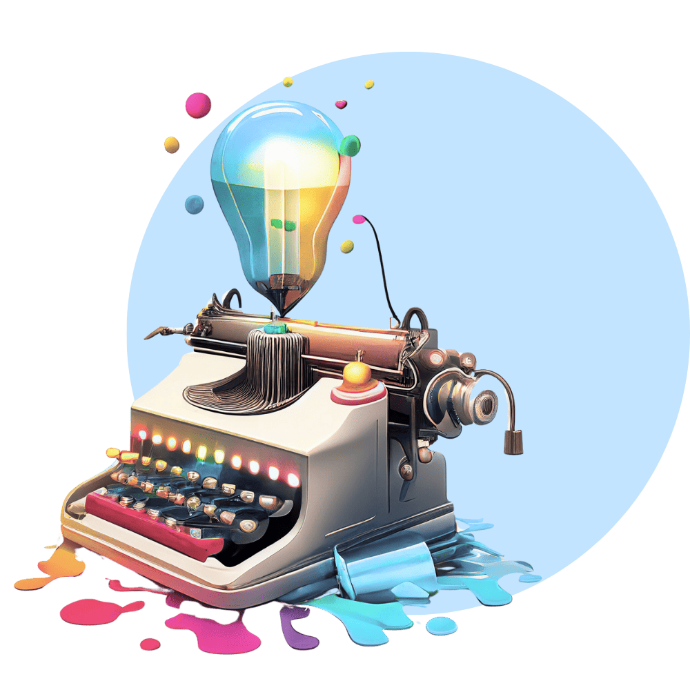 Das ist eine stilisierte Grafik einer Schreibmaschine mit einem Heißluftballon anstelle des Papiers, umgeben von bunten Klecksen und schwebenden Kugeln.