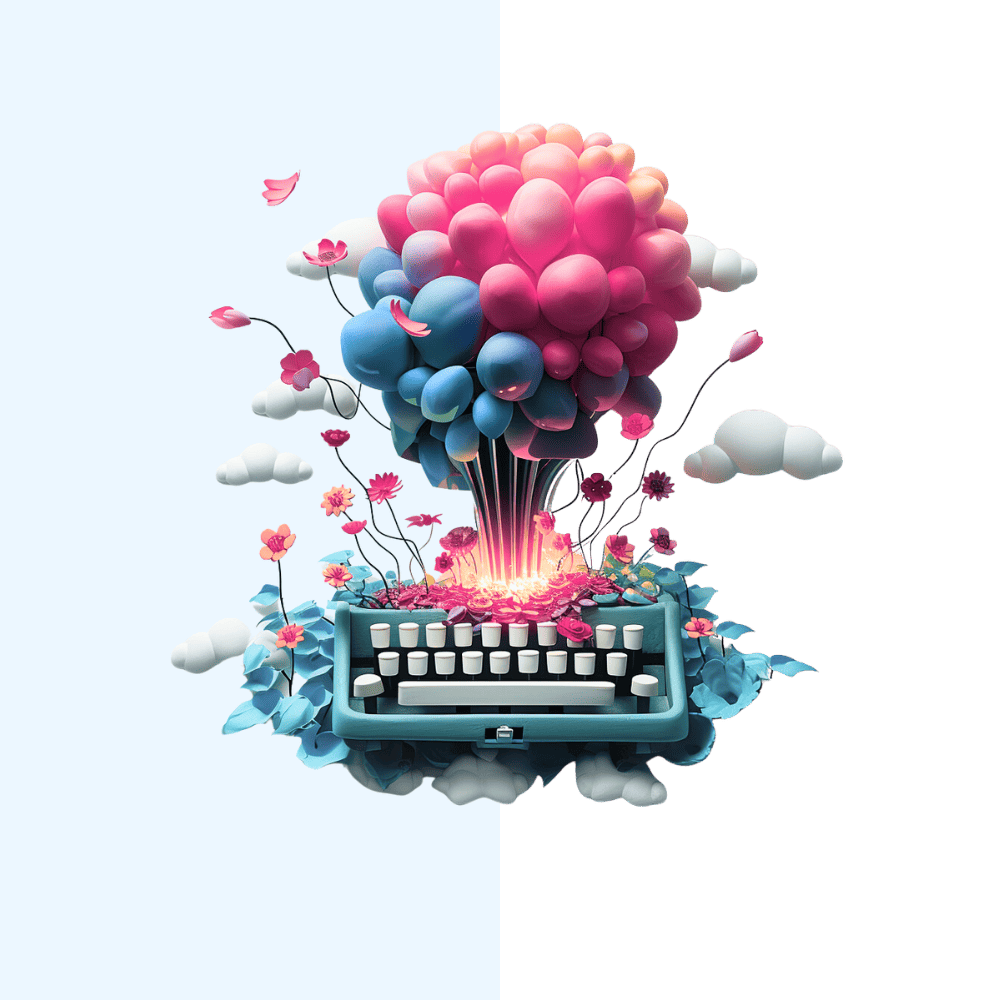 Das Bild zeigt eine surreale Illustration einer Schreibmaschine, die von bunten Ballons in die Lüfte getragen wird, umgeben von Blumen und Schmetterlingen.
