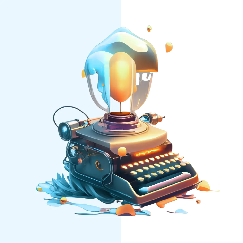 Das Bild zeigt eine stilisierte Illustration einer Schreibmaschine mit einer Glühbirne als Kopf und künstlerischen, fließenden Elementen, die Farbe und Kreativität darstellen könnten.