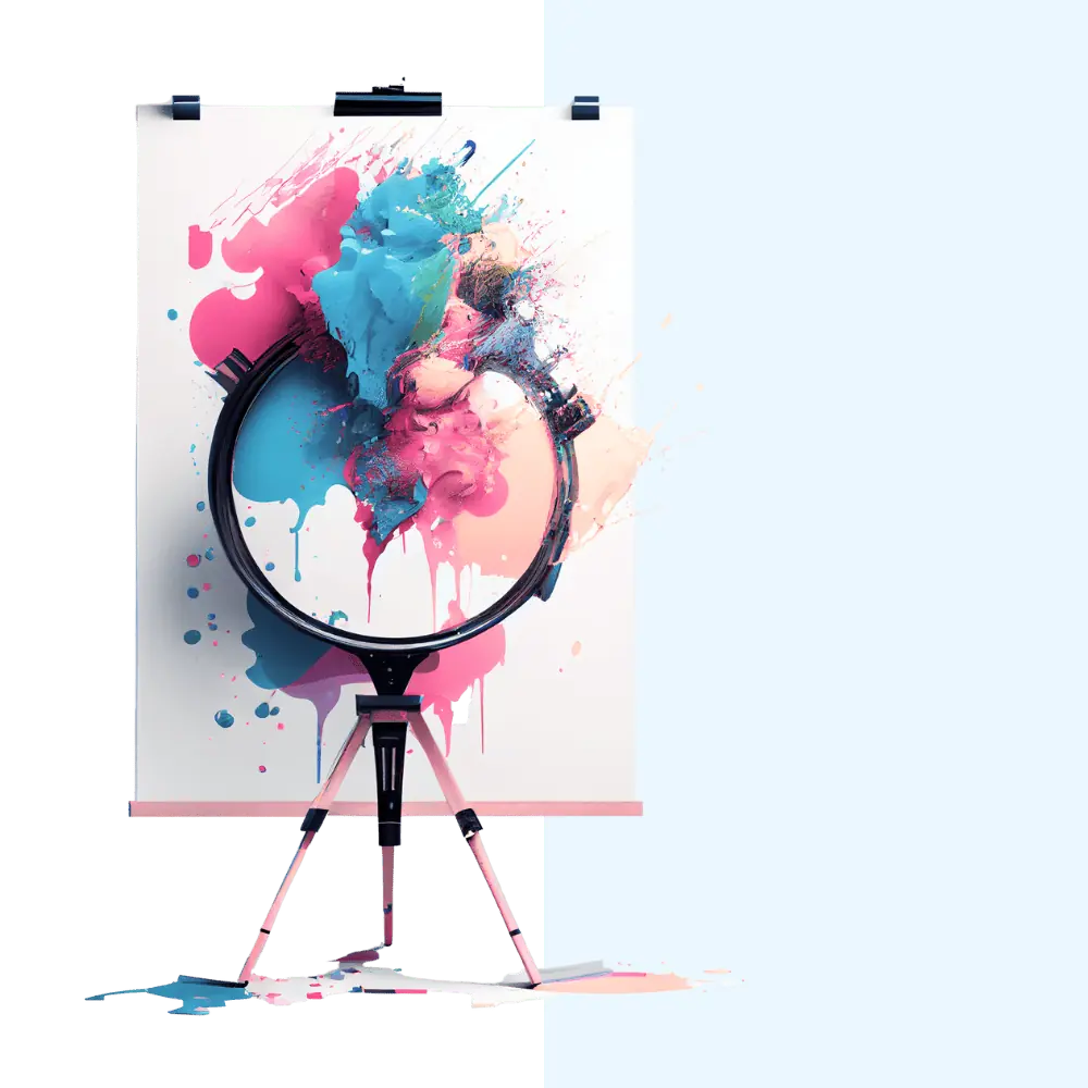 Das Bild zeigt eine Staffelei mit einer Leinwand, auf der eine bunte Farbexplosion mit der Silhouette einer Lupe im Vordergrund zu sehen ist.