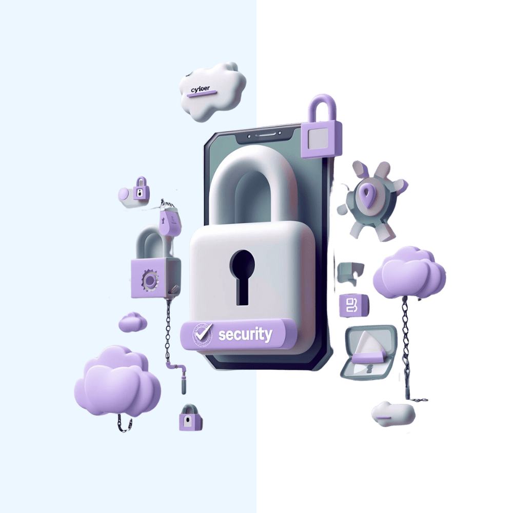 Das Bild zeigt eine stilisierte Darstellung verschiedener Sicherheitselemente wie Schlösser und Schlüssel, die thematisch mit Cloud-Computing und Cybersicherheit verknüpft sind.