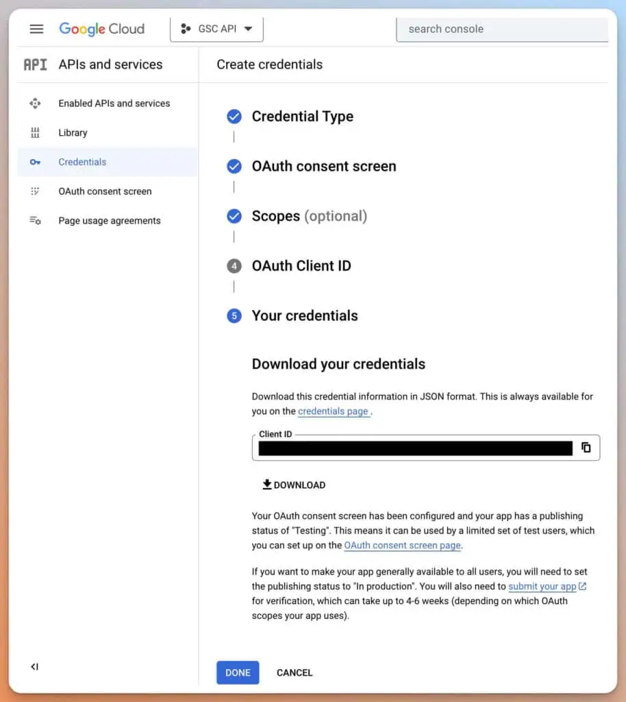 Das Bild zeigt einen Screenshot der Google Cloud Plattform mit offenen Optionen für das Erstellen von Credential-Daten für eine API.