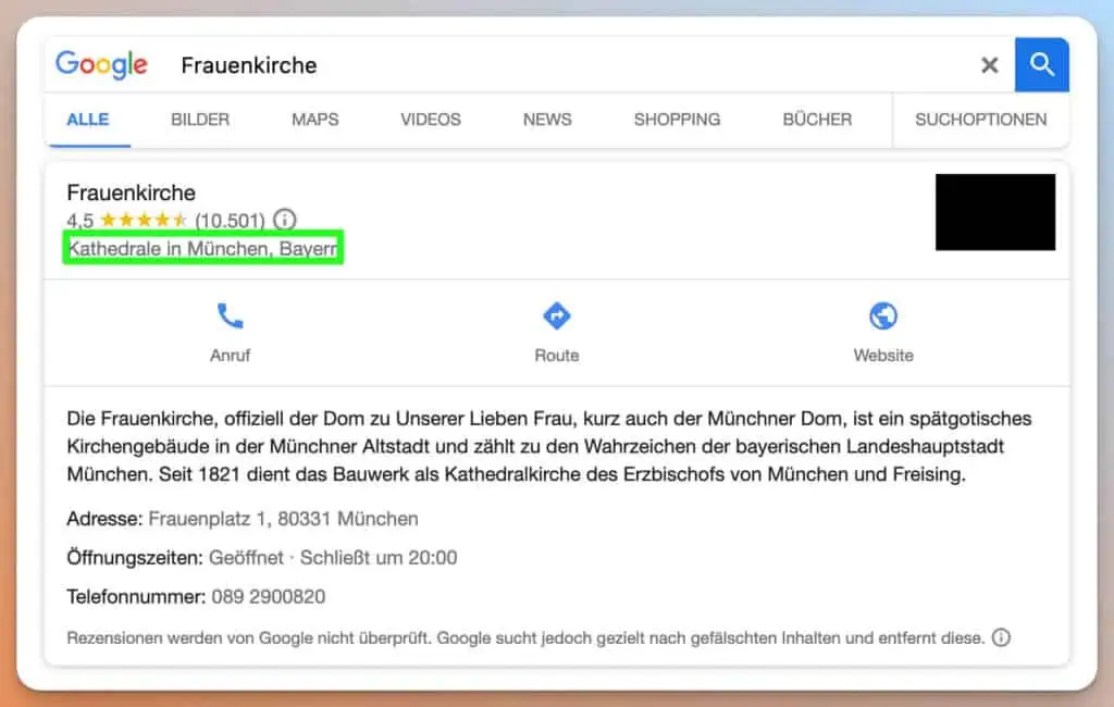 Google erkennt bei einer Suche nach "Frauenkirche" den zusammenhang zu München