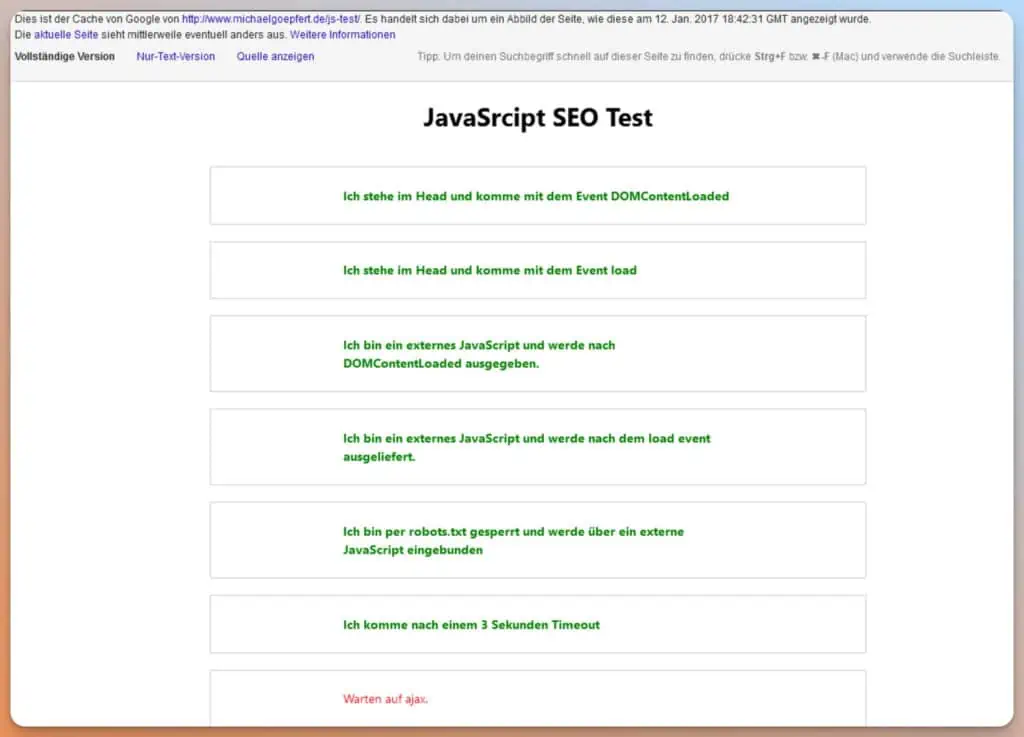 Das Bild zeigt einen Screenshot einer Webseite mit einem "JavaScript SEO Test", welcher verschiedene Methoden der Einbindung von JavaScript und deren Sichtbarkeit für Suchmaschinen zu demonstrieren scheint.
