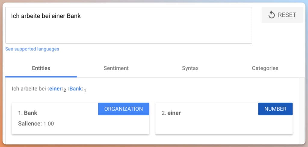 Google NLP für den Satz: “Ich arbeite in einer Bank”