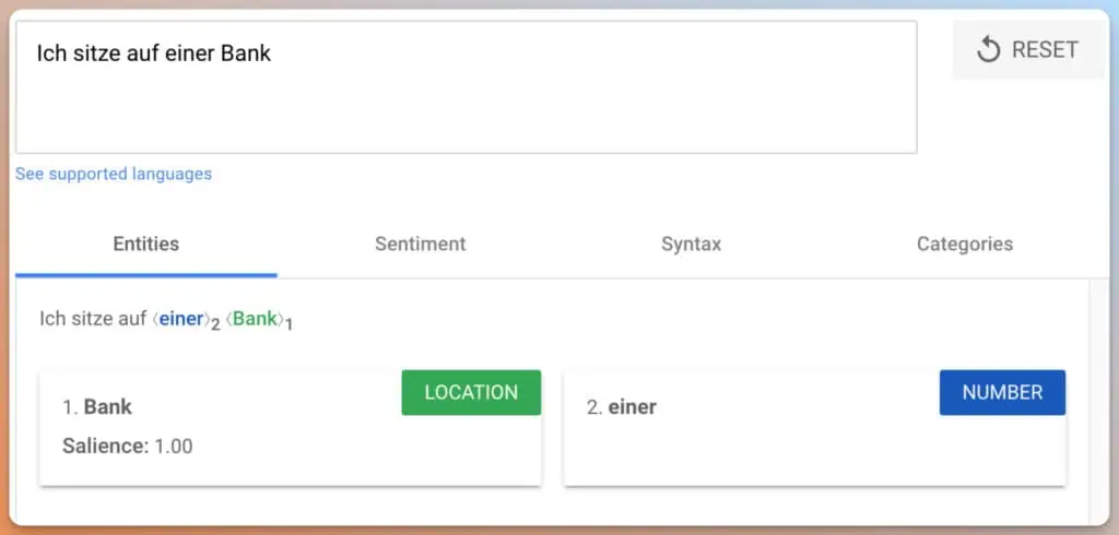 Google NLP API für “Ich sitze auf einer Bank”