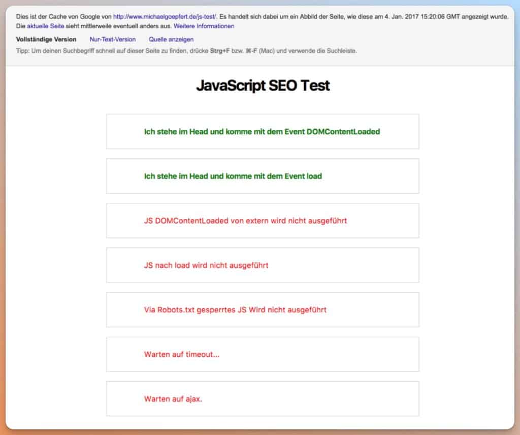 Das Bild zeigt einen Screenshot einer Webseite, die einen JavaScript SEO Test darstellt.