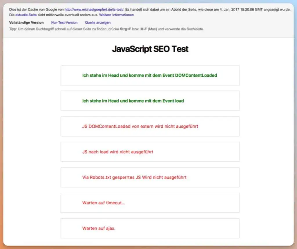Das Bild zeigt einen Screenshot einer Webseite, die einen JavaScript SEO Test darstellt.