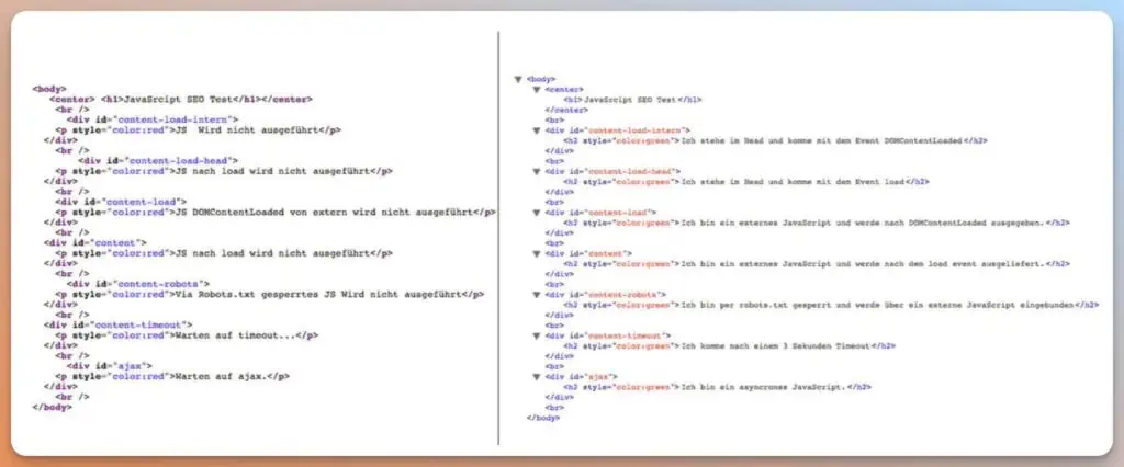 Das Bild zeigt zwei Beispielseiten mit HTML-Code und JavaScript, welche offenbar unterschiedliche Lademechanismen und das Verhalten von JavaScript in einem SEO-Kontext demonstrieren.