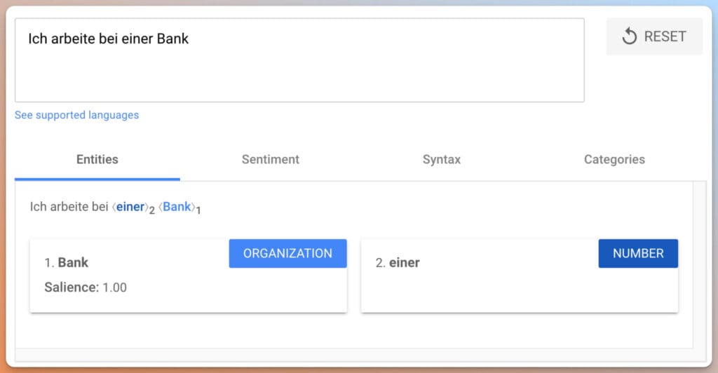 Google NLP API für den Satz “Ich arbeite in einer Bank”"