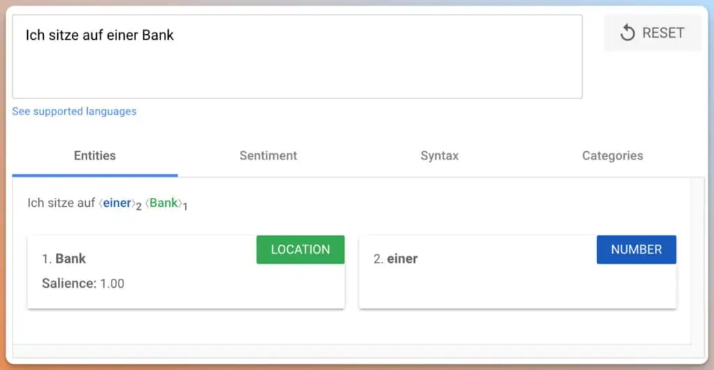 Google NLP API für den Satz „Ich sitze auf einer Bank“