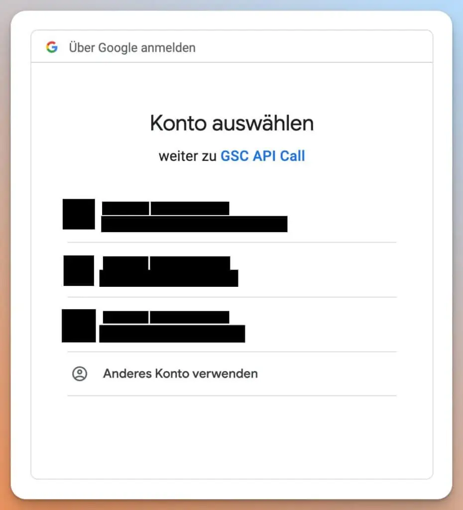 Das ist ein Screenshot einer Anmeldeseite zur Auswahl eines Google-Kontos, wobei persönliche Informationen unkenntlich gemacht wurden.