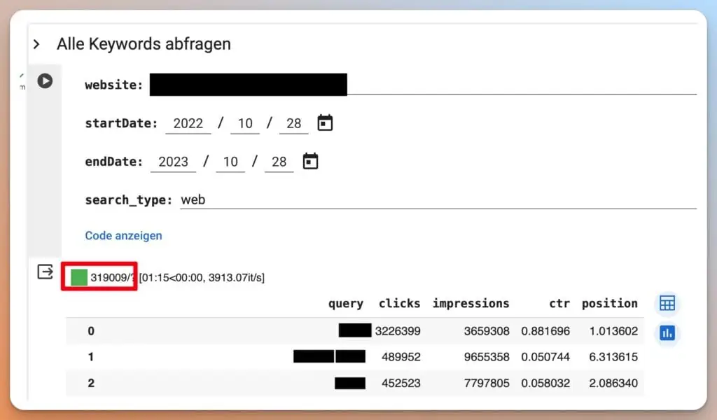Das Bild zeigt einen Screenshot einer Benutzeroberfläche, vermutlich eines SEO-Tools, mit Suchanfragedaten wie Klicks, Impressionen, CTR und Position.