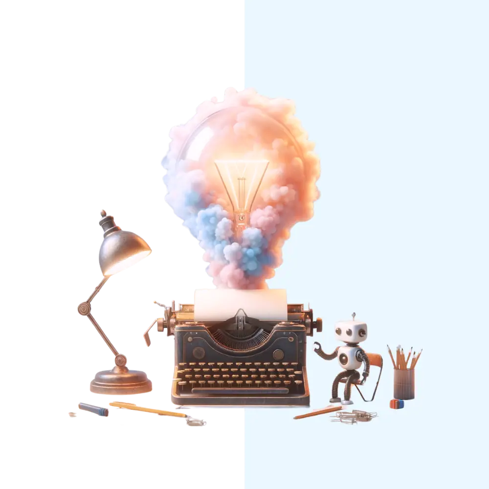 Das Bild zeigt eine stilisierte Darstellung von Kreativität und Ideenfindung mit einer Glühbirne, deren Inneres als Gehirn gestaltet ist, dazu eine alte Schreibmaschine, einen Roboter und einige Schreibutensilien.