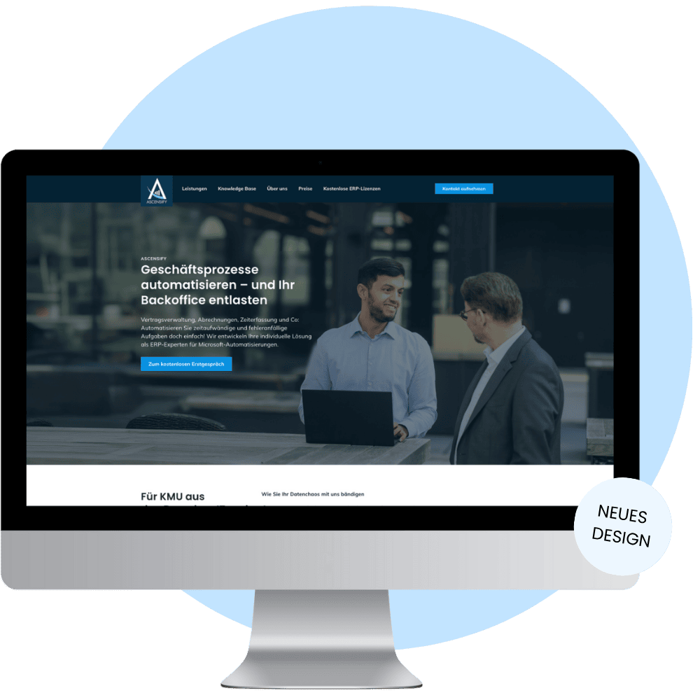 Das Bild zeigt eine moderne Webseite, die sich auf die Automatisierung von Geschäftsprozessen für KMU spezialisiert hat. Mit einem ansprechenden Design und klaren Informationen verspricht die Seite eine effektive Entlastung für Backoffice-Aufgaben, unterstützt durch individuelle Lösungsmöglichkeiten für Microsoft-Automatisierungen.
