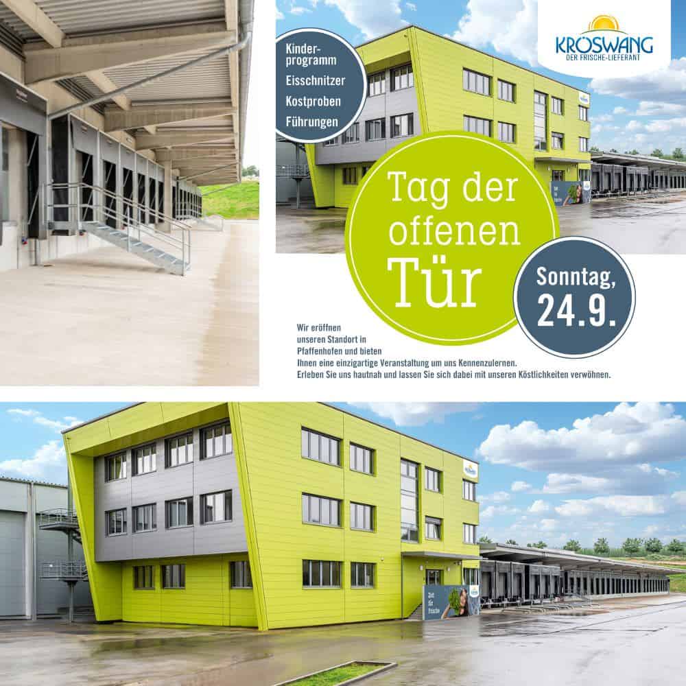 Das Bild zeigt eine Werbe-Ankündigung für einen Tag der offenen Tür bei "KROSWANG - Der Frische-Lieferant" am Sonntag, den 24. September, mit Angeboten wie Kinderprogramm, Essschnitzer, Kostproben und Führungen, sowie Fotos von dem Gebäudekomplex.