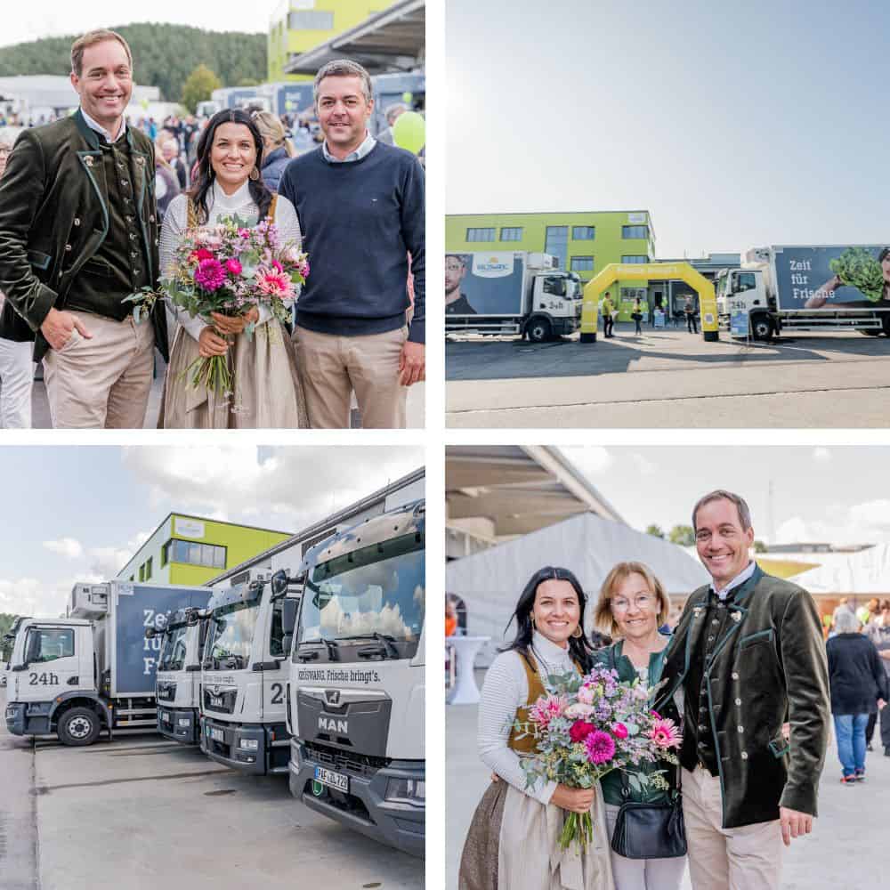 Das Bild zeigt vier separate Szenen, die vermutlich bei einem Firmen- oder Branchenevent aufgenommen wurden, wobei Menschen posieren und Lastwagen mit Firmenbranding zu sehen sind.