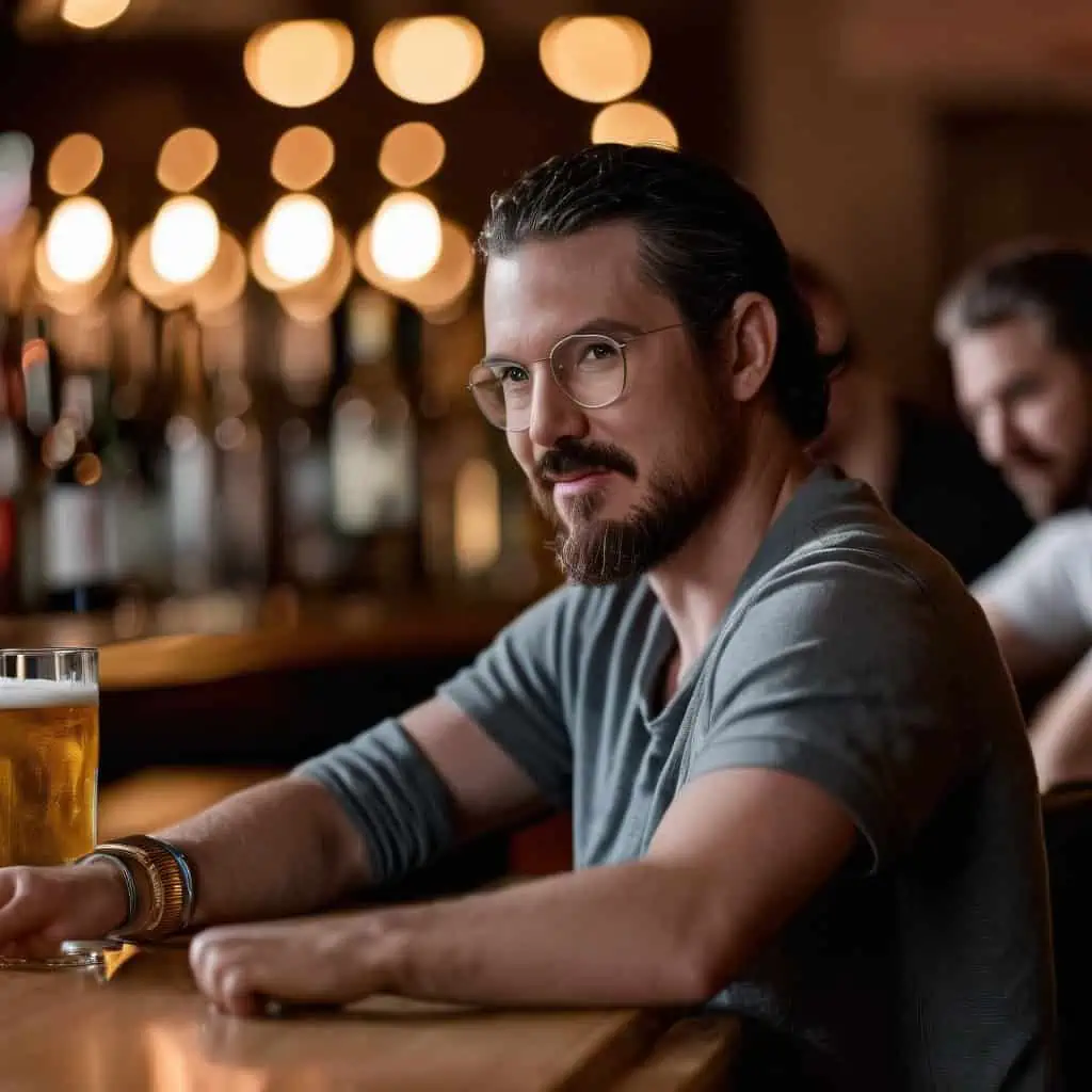 Ein Mann sitzt an einer Bar mit einem Bier vor sich.