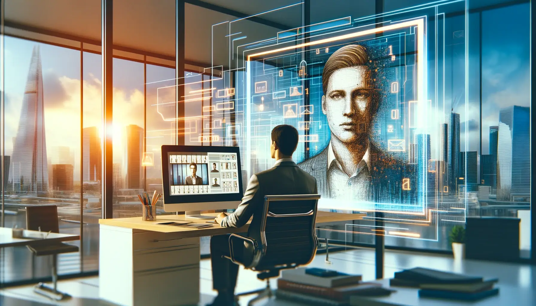Das Bild zeigt eine Person, die an einem modernen Büroarbeitsplatz sitzt und auf einen Hochhaus-Skyline-Blick und futuristische Holographie-Interfaces schaut.