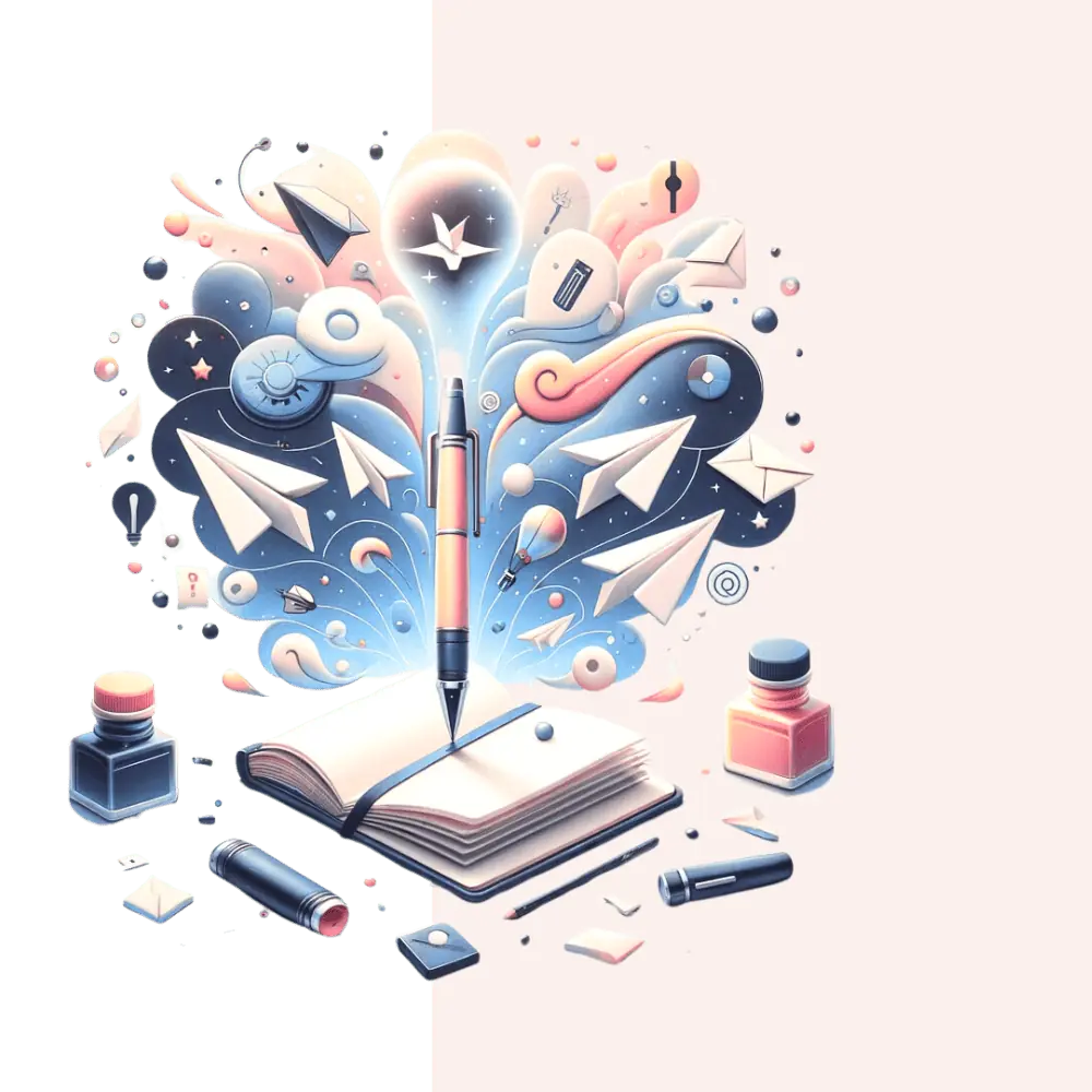 Das ist ein farbenfrohes, künstlerisches Bild, das eine Füllfeder auf einem Notizbuch zeigt, umgeben von einer fantasievollen Explosion aus Schreibinstrumenten, Tintenfässern, Papierfliegern und kosmischen Elementen.